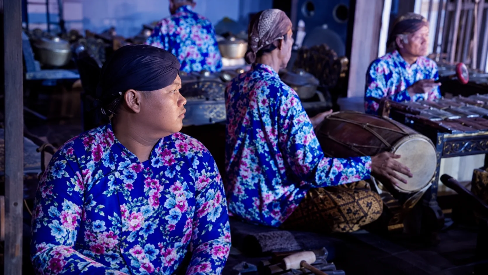 Musicians performing live gamelan at Purawisata
