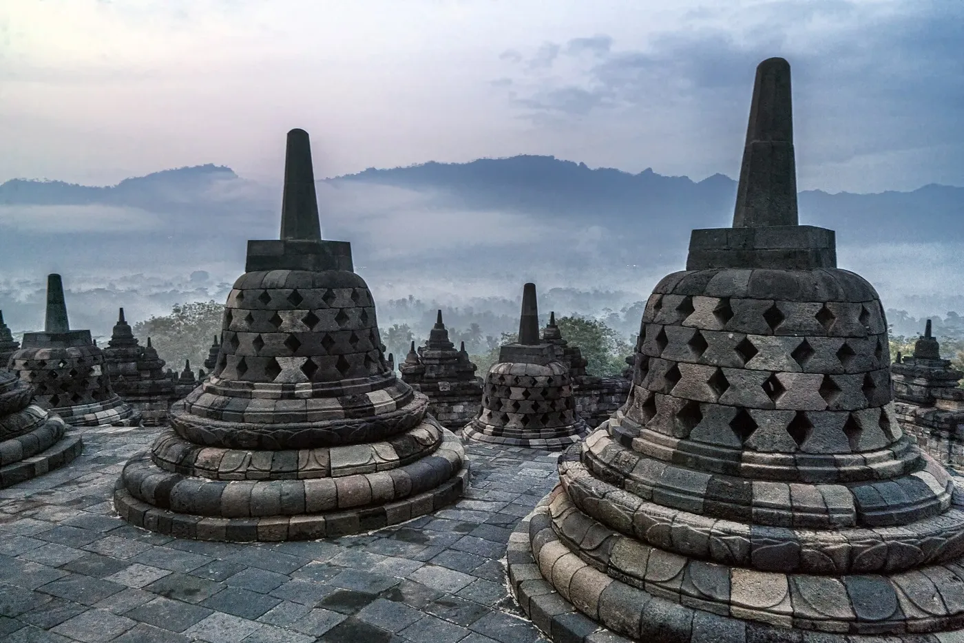 Borobudur stupas with hills in the distance