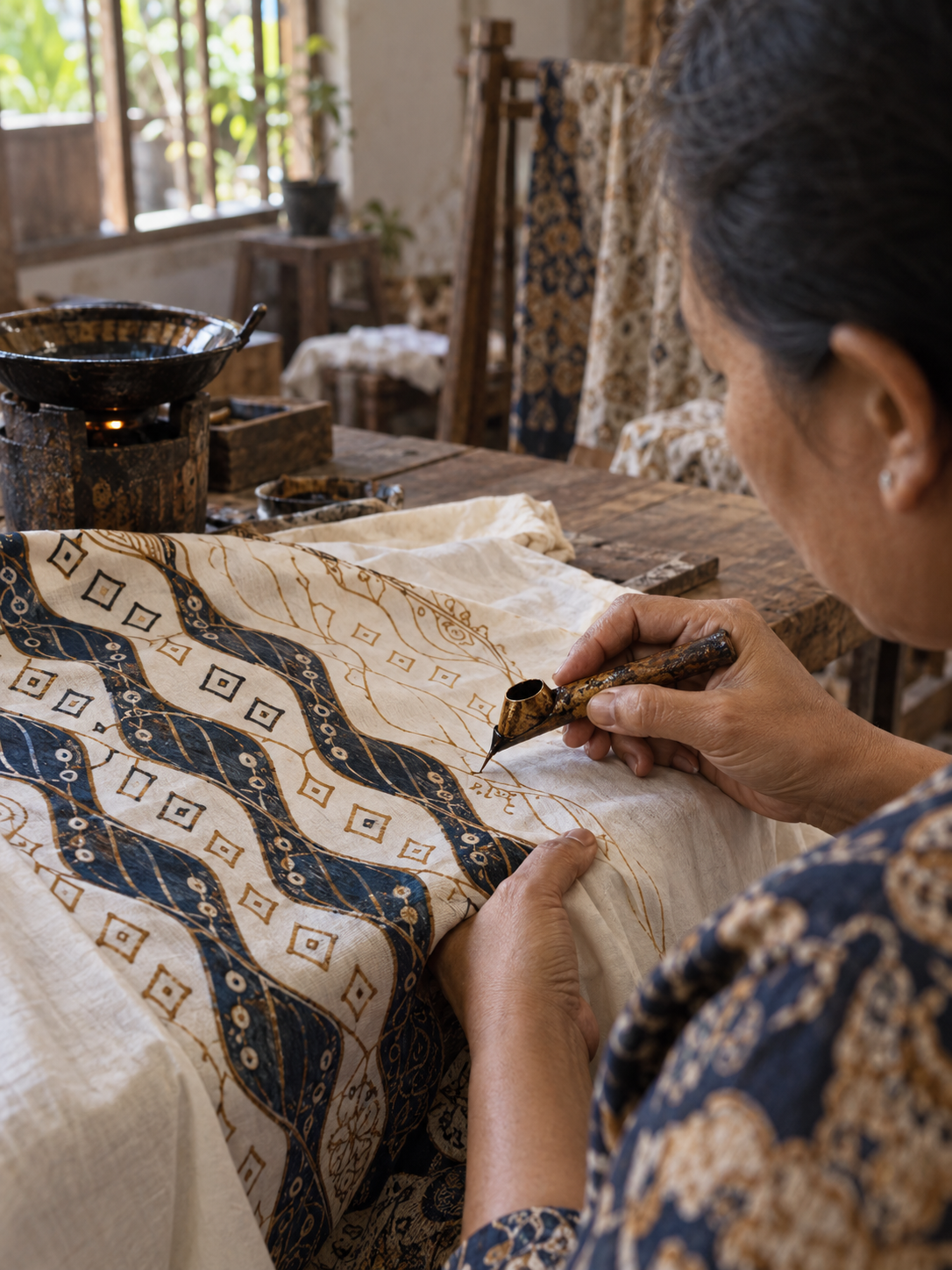 Hands creating batik with a canting tool