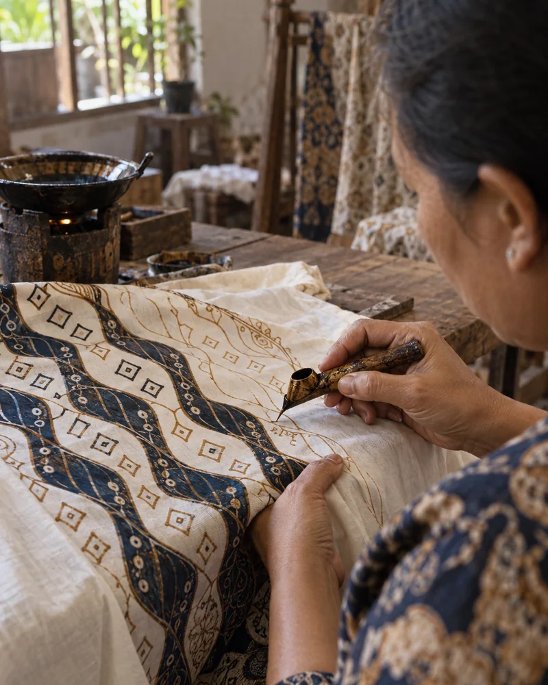 Hands drawing a batik pattern with a canting tool