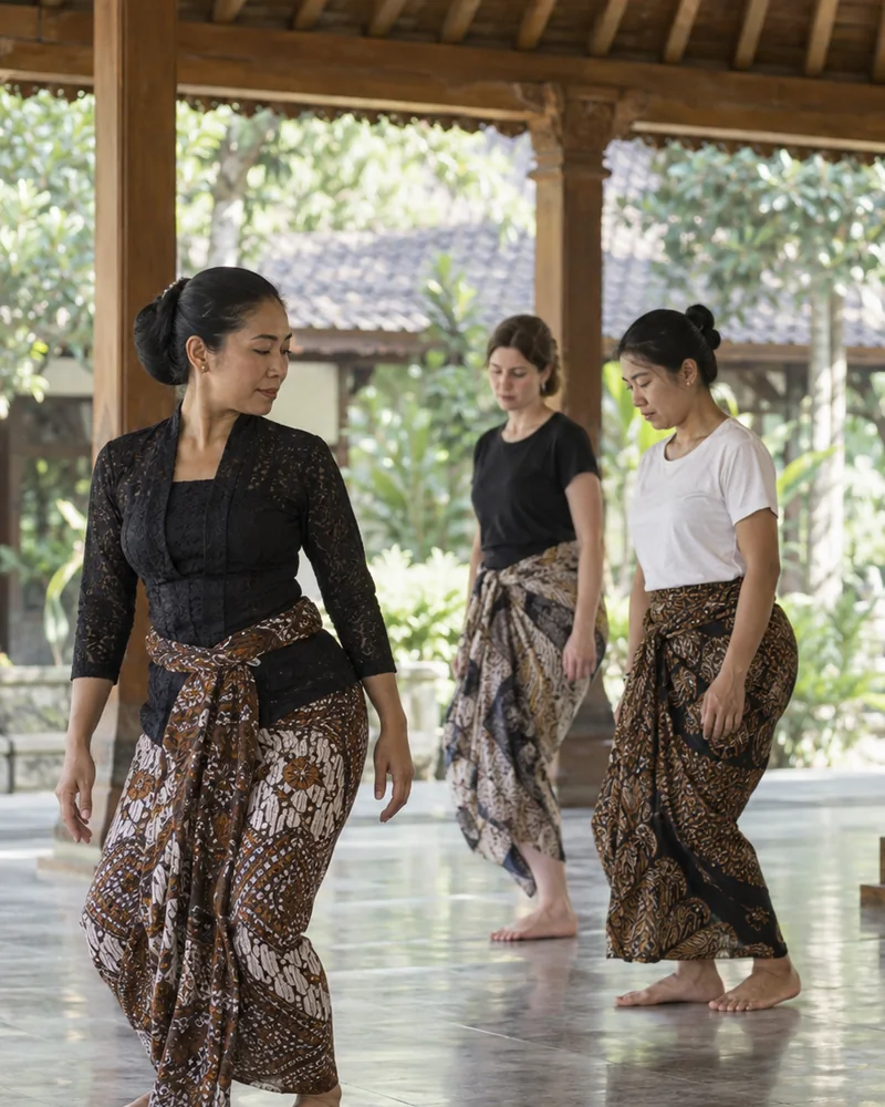 A small group learning Javanese dance together